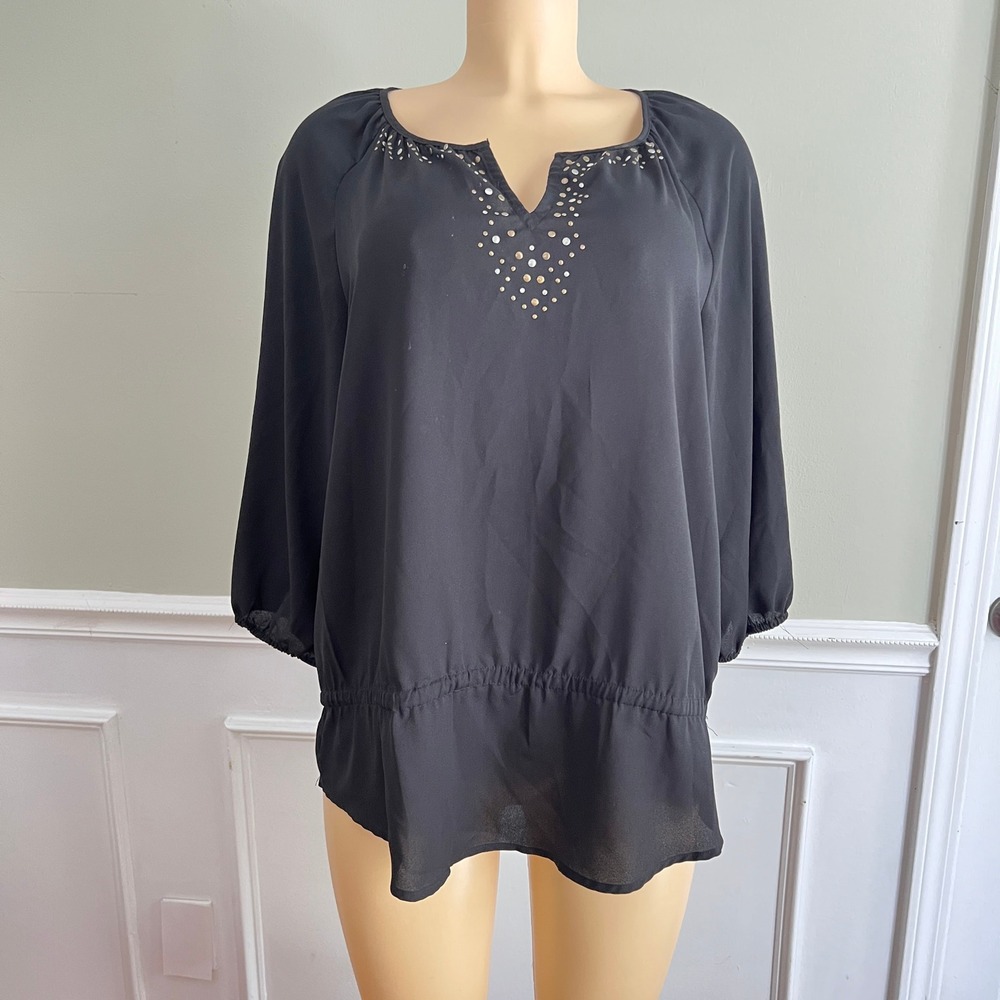 Studded Split Neck‎ Blouse Women XL Black 3/4 Sleeve Drop Waist Boho